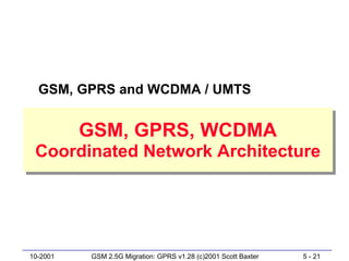 GSM, GPRS and WCDMA / UMTS


          GSM, GPRS, WCDMA
          GSM, GPRS, WCDMA
 Coordinated Network Architecture
 Coordinated Network Architecture




10-2001   GSM 2.5G Migration: GPRS v1.28 (c)2001 Scott Baxter   5 - 21
 