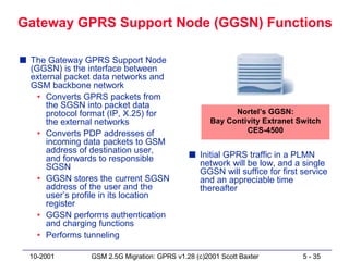Gateway GPRS Support Node (GGSN) Functions

s The Gateway GPRS Support Node
  (GGSN) is the interface between
  external packet data networks and
  GSM backbone network
    • Converts GPRS packets from
      the SGSN into packet data
      protocol format (IP, X.25) for                       Nortel’s GGSN:
      the external networks                          Bay Contivity Extranet Switch
    • Converts PDP addresses of                               CES-4500
      incoming data packets to GSM
      address of destination user,
      and forwards to responsible             s Initial GPRS traffic in a PLMN
      SGSN                                      network will be low, and a single
                                                GGSN will suffice for first service
    • GGSN stores the current SGSN              and an appreciable time
      address of the user and the               thereafter
      user’s profile in its location
      register
    • GGSN performs authentication
      and charging functions
    • Performs tunneling

  10-2001        GSM 2.5G Migration: GPRS v1.28 (c)2001 Scott Baxter         5 - 35
 