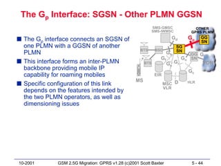 The Gp Interface: SGSN - Other PLMN GGSN
                                                             SMS-GMSC                OTHER
                                                             SMS-IWMSC             GPRS PLMN

s The Gp interface connects an SGSN of                                 Gd         Gp    GG
                                                                                        SN
  one PLMN with a GGSN of another                                         SG
                                                    BTS       BSC
  PLMN                                                               Gb   SN
                                                                                   GG Gi
                                                                Gf           Gn    SN
s This interface forms an inter-PLMN                   BTS           Gs Gr              PDN
  backbone providing mobile IP                                                    Gc
  capability for roaming mobiles                              EIR
                                                  MS
s Specific configuration of this link                               MSC D         HLR
                                                                    VLR
  depends on the features intended by
  the two PLMN operators, as well as
  dimensioning issues




10-2001      GSM 2.5G Migration: GPRS v1.28 (c)2001 Scott Baxter                   5 - 44
 