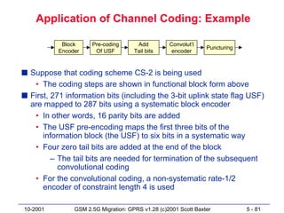 Application of Channel Coding: Example

            Block     Pre-coding       Add         Convolut’l
                                                                 Puncturing
           Encoder     Of USF         Tail bits     encoder



s Suppose that coding scheme CS-2 is being used
   • The coding steps are shown in functional block form above
s First, 271 information bits (including the 3-bit uplink state flag USF)
  are mapped to 287 bits using a systematic block encoder
   • In other words, 16 parity bits are added
   • The USF pre-encoding maps the first three bits of the
      information block (the USF) to six bits in a systematic way
   • Four zero tail bits are added at the end of the block
         – The tail bits are needed for termination of the subsequent
           convolutional coding
   • For the convolutional coding, a non-systematic rate-1/2
      encoder of constraint length 4 is used

10-2001         GSM 2.5G Migration: GPRS v1.28 (c)2001 Scott Baxter           5 - 81
 
