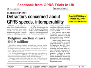 Feedback from GPRS Trials in UK


                                                                   Credit RCR News,
                                                                    March 19, 2001
                                                                   www.rcrnews.com




10-2001      GSM 2.5G Migration: GPRS v1.28 (c)2001 Scott Baxter            5 - 98
 