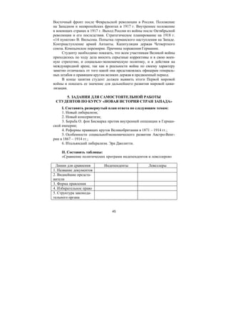 45
Восточный фронт после Февральской революции в России. Положение
на Западном и неевропейских фронтах в 1917 г. Внутреннее положение
в воюющих странах в 1917 г. Выход России из войны после Октябрьской
революции и его последствия. Стратегическое планирование на 1918 г.
«14 пунктов» В. Вильсона. Попытка германского наступления на Западе.
Контрнаступление армий Антанты. Капитуляция держав Четвертного
союза. Компьенское перемирие. Причины поражения Германии.
Студенту необходимо показать, что всем участникам Великой войны
приходилось по ходу дела вносить серьезные коррективы и в свою воен-
ную стратегию, и социально-экономическую политику, и в действия на
международной арене, так как в реальности война по своему характеру
заметно отличалась от того какой она представлялась офицерам генераль-
ных штабов и правящим кругам великих держав в предвоенный период.
В конце занятия студент должен выявить итоги Первой мировой
войны и показать ее значение для дальнейшего развития мировой циви-
лизации.
5. ЗАДАНИЯ ДЛЯ САМОСТОЯТЕЛЬНОЙ РАБОТЫ
СТУДЕНТОВ ПО КУРСУ «НОВАЯ ИСТОРИЯ СТРАН ЗАПАДА»
I. Составить развернутый план ответа по следующим темам:
1. Новый либерализм;
2. Новый консерватизм;
3. Борьба О. фон Бисмарка против внутренней оппазиции в Герман-
ской империи;
4. Реформы правящих кругов Великобритании в 1871 – 1914 гг.;
5. Особенности социально0экономического развития Австро-Венг-
рии в 1867 – 1914 гг.;
6. Итальянский либерализм. Эра Джолитти.
II. Составить таблицы:
«Сравнение политических программ индепендентов и левеллеров»
Линии для сравнения Индепенденты Левеллеры
1. Название документов
2. Виднейшие предста-
вители
3. Форма правления
4. Избирательное право
5. Структура законода-
тельного органа
Copyright ОАО «ЦКБ «БИБКОМ» & ООО «Aгентство Kнига-Cервис»
 