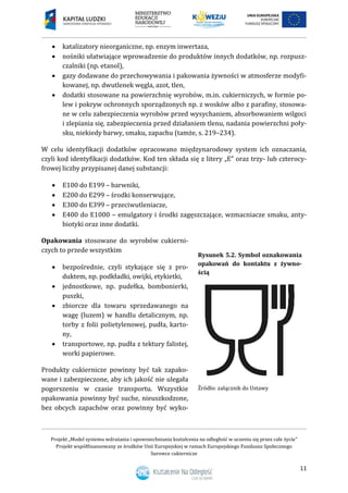 Projekt „Model systemu wdrażania i upowszechniania kształcenia na odległość w uczeniu się przez całe życie”
Projekt współfinansowany ze środków Unii Europejskiej w ramach Europejskiego Funduszu Społecznego
Surowce cukiernicze
11
 katalizatory nieorganiczne, np. enzym inwertaza,
 nośniki ułatwiające wprowadzenie do produktów innych dodatków, np. rozpusz-
czalniki (np. etanol),
 gazy dodawane do przechowywania i pakowania żywności w atmosferze modyfi-
kowanej, np. dwutlenek węgla, azot, tlen,
 dodatki stosowane na powierzchnię wyrobów, m.in. cukierniczych, w formie po-
lew i pokryw ochronnych sporządzonych np. z wosków albo z parafiny, stosowa-
ne w celu zabezpieczenia wyrobów przed wysychaniem, absorbowaniem wilgoci
i zlepiania się, zabezpieczenia przed działaniem tlenu, nadania powierzchni poły-
sku, niekiedy barwy, smaku, zapachu (tamże, s. 219–234).
W celu identyfikacji dodatków opracowano międzynarodowy system ich oznaczania,
czyli kod identyfikacji dodatków. Kod ten składa się z litery „E” oraz trzy- lub czterocy-
frowej liczby przypisanej danej substancji:
 E100 do E199 – barwniki,
 E200 do E299 – środki konserwujące,
 E300 do E399 – przeciwutleniacze,
 E400 do E1000 – emulgatory i środki zagęszczające, wzmacniacze smaku, anty-
biotyki oraz inne dodatki.
Opakowania stosowane do wyrobów cukierni-
czych to przede wszystkim
 bezpośrednie, czyli stykające się z pro-
duktem, np. podkładki, owijki, etykietki,
 jednostkowe, np. pudełka, bombonierki,
puszki,
 zbiorcze dla towaru sprzedawanego na
wagę (luzem) w handlu detalicznym, np.
torby z folii polietylenowej, pudła, karto-
ny,
 transportowe, np. pudła z tektury falistej,
worki papierowe.
Produkty cukiernicze powinny być tak zapako-
wane i zabezpieczone, aby ich jakość nie ulegała
pogorszeniu w czasie transportu. Wszystkie
opakowania powinny być suche, nieuszkodzone,
bez obcych zapachów oraz powinny być wyko-
Rysunek 5.2. Symbol oznakowania
opakowań do kontaktu z żywno-
ścią
Źródło: załącznik do Ustawy
 