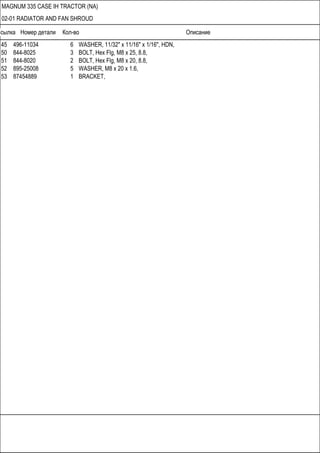 Ссылка Номер детали Кол-во Описание
MAGNUM 335 CASE IH TRACTOR (NA)
02-01 RADIATOR AND FAN SHROUD
45 496-11034 6 WASHER, 1...