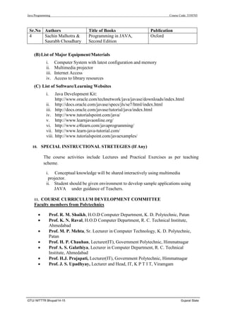 Java Programming Course Code: 3350703
GTU/ NITTTR Bhopal/14-15 Gujarat State
Sr.No Authors Title of Books Publication
4 Sachin Malhotra &
Saurabh Choudhary
Programming in JAVA,
Second Edition
Oxford
(B) List of Major Equipment/Materials
i. Computer System with latest configuration and memory
ii. Multimedia projector
iii. Internet Access
iv. Access to library resources
(C) List of Software/Learning Websites
i. Java Development Kit:
http://www.oracle.com/technetwork/java/javase/downloads/index.html
ii. http://docs.oracle.com/javase/specs/jls/se7/html/index.html
iii. http://docs.oracle.com/javase/tutorial/java/index.html
iv. http://www.tutorialspoint.com/java/
v. http://www.learnjavaonline.org/
vi. http://www.c4learn.com/javaprogramming/
vii. http://www.learn-java-tutorial.com/
viii. http://www.tutorialspoint.com/javaexamples/
10. SPECIAL INSTRUCTIONAL STRETEGIES (If Any)
The course activities include Lectures and Practical Exercises as per teaching
scheme.
i. Conceptual knowledge will be shared interactively using multimedia
projector.
ii. Student should be given environment to develop sample applications using
JAVA under guidance of Teachers.
11. COURSE CURRICULUM DEVELOPMENT COMMITTEE
Faculty members from Polytechnics
 Prof. R. M. Shaikh, H.O.D Computer Department, K. D. Polytechnic, Patan
 Prof. K. N. Raval, H.O.D Computer Department, R. C. Technical Institute,
Ahmedabad
 Prof. M. P. Mehta, Sr. Lecturer in Computer Technology, K. D. Polytechnic,
Patan
 Prof. H. P. Chauhan, Lecturer(IT), Government Polytechnic, Himmatnagar
 Prof A. S. Galathiya, Lecturer in Computer Department, R. C. Technical
Institute, Ahmedabad
 Prof. H.J. Prajapati, Lecturer(IT), Government Polytechnic, Himmatnagar
 Prof. J. S. Upadhyay, Lecturer and Head, IT, K P T I T, Viramgam
 