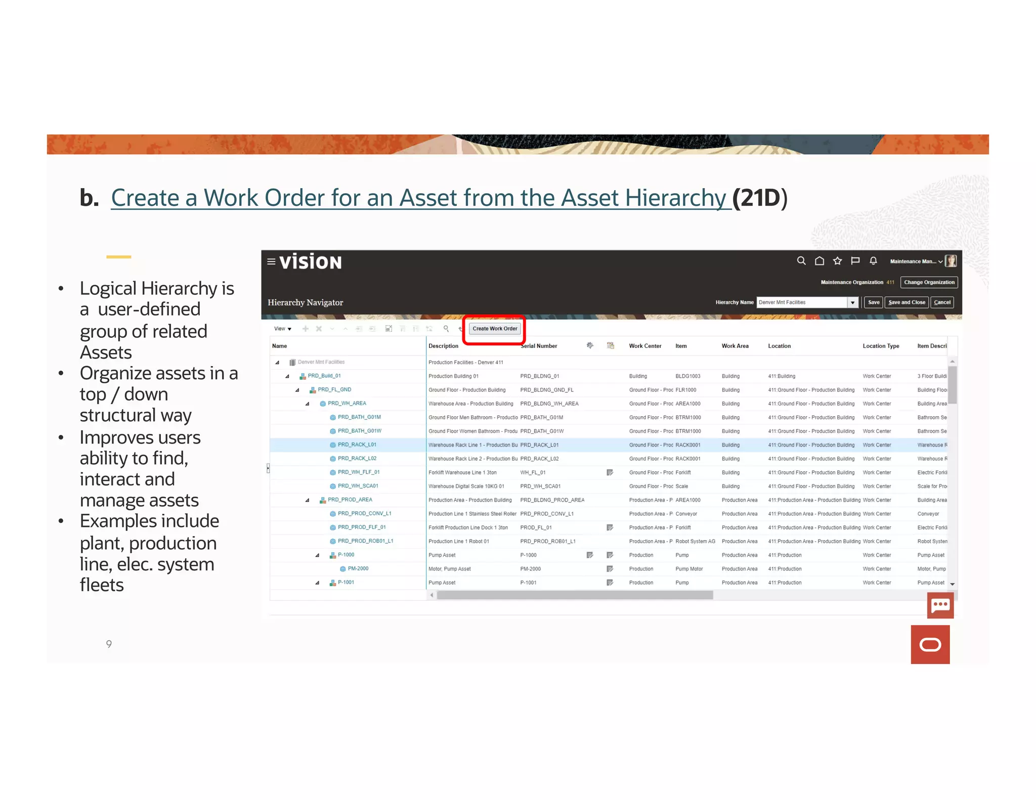 9
• Logical Hierarchy is
a user-defined
group of related
Assets
• Organize assets in a
top / down
structural way
• Improves users
ability to find,
interact and
manage assets
• Examples include
plant, production
line, elec. system
fleets
b. Create a Work Order for an Asset from the Asset Hierarchy (21D)
 