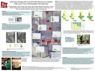 Land Use Change and Current Forest Structure at Howard
Falls Land Trust in Northwestern Pennsylvania
Nicholas Baldwin, Ottavio Borgia, Ryan Hnida, Richard Kirby, Melissa Normandeau, Thomas
Norway, Andrea Pace, Alyssa Piper, Michael Ritner, Philip Schreiber, Allison Swan, and
Karen S. Eisenhart (Edinboro University, Dept. of Geosciences)
Abstract It is well known that Pennsylvania experienced a dramatic change in land use from agriculture to forest cover during
the twentieth century. The purpose of this research project was to determine and analyze the change in land use on the Howard
Falls Land Trust property in Erie County, Pennsylvania. We used aerial photographs from 1939, 1959, 1969 and 1992 along with
tree cores to estimate the minimum age of forest patches. We subsampled the stand structure of seven plots that are currently
forested, and collected tree cores from the largest trees in 5 of the 7 plots for age determination. The property experienced
dramatic changes in land use between 1939 and 1992. In 1939, 43% of the land trust area was cultivated and 23% was forested.
By 1992, 63% was forested and only 17% was cultivated. We identified forest patches that ranged in age from at least 25 years old
to more than 75 years. Considering all seven field plots, tree species richness was 10 (for DBH > 10cm); however, like other
studies of post-agriculture landscapes in the eastern U.S., Acer rubrum (red maple) dominated the tree density and basal area in
all sampled plots. Few studies of this type have been conducted in Northwest Pennsylvania and this project is the first in Erie
County. Our study suggests the Howard Falls Land Trust property is typical for the eastern deciduous forest region.
1992196919591939
2005 color orthophoto
Objectives:
•Use air photos and tree cores to estimate time-since-agricultural-abandonment of
landscape patches in the Howard Falls landscape.
•Collect tree data to characterize patch structure of select plots.
•Determine diameter-frequency distribution of each plot.
Study site:
The study site (Map 1) is located in Erie County, Pennsylvania at Howard Falls Land Trust. The
site is relatively flat and features a gorge on the western extent of the property. Geographically, it
falls in the transition between Hemlock-white pine-northern hardwoods and Beech-maple forests
as described by Braun (Delcourt & Delcourt, 2000). The region was previously glaciated leaving
behind poorly-drained glacial tills, primarily Mill silt loam and Venango silt loam. The climate
region is humid continental, with annual precipitation ranging from 94 cm to 109 cm and
experiences lake effect snow throughout the winter (Soil Survey, 2013).
Field Sampling:
Each sampled plot was 50 m x
8 m. All trees in the plot that
were 2.5 cm diameter or larger
were recorded individually by
species and diameter.
Forest Species Richness and Dominance:
•Considering all plots, tree species richness was 10: Acer rubrum (red maple), Fraxinus americana (white
ash), Prunus serotina (black cherry), Acer saccharum (sugar maple), Nyssa sylvatica (black gum),
Amelanchier arborea (service berry), Quercus rubra (red oak), Fagus grandifolia (American beech),
Populus tremuloides (trembling aspen), and Magnolia acuminata (cucumber magnolia).
•Acer rubrum dominated both tree density and basal area in all plots. Fraxinus americana is the second
most abundant tree species, but occurs only in the younger sites (Figure 1).
•Average basal area for the plots is 35 m2
/ha and average tree density is .12/m2
(Figure1).
References:
Abrams, M. D. (1998). The Red Maple Paradox. BioScience 48: 355-364.
Delcourt, H. R., & Delcourt, P. A. (2000). Eastern Deciduous Forests. In Barbour & Billings, North American Terrestrial Vegetation (pp. 358-382).
Dyer, J. M. (2009). Land-Use Legacies in a Central Appalachian Forest: Differential Response of Trees and Herbs to Historic Agricultural Practices. Applied Vegetation Science 13:195-206.
Whitney, G. G., & DeCant, J. P. (2003). Physical and Historical Determinants of the Pre-and Post-Settlement Forests of Northwestern Pennsylvania. Canadian Journal of Forest Research 33: 1683-1697.
Soil Survey Erie County Pennsylvania. (1960). Series 1957, No. 9, United States Department of Agriculture. Archived at www.nrcs.usda.gov.
Web Soil Survey. (2013). Web Soil Survey, Natural Resources Conservation Service. Retrieved from websoilsurvey.sc.egov.usda.gov.
Figure 1. Aerial photo of Howard Falls Land Trust. Pie charts are positioned at sampled plot
locations and show relative density of the dominant tree species. Plot label indicates estimated
minimum age using tree cores, except for plots 4 and 7 where tree cores were not collected. Bar
charts show the diameter distribution of all live and dead standing trees at the indicated plots.
Map 2. Penn Pilot aerial photos illustrated against land use
categories.
Plot 1
Min Age
45
Plot 1
Min Age
45
Plot 2
Min Age
52
Plot 2
Min Age
52
Plot 3
Min Age
50
Plot 3
Min Age
50
Plot 4
Min Age
55
(Air Photo Estimate)
Plot 4
Min Age
55
(Air Photo Estimate)
Plot 5
Min Age
50
Plot 5
Min Age
50
Plot 6
Min Age
65
Plot 6
Min Age
65
Plot 7
Min Age
55
(Air Photo Estimate)
Plot 7
Min Age
55
(Air Photo Estimate)
Estimating Time-Since-Abandonment:
•Land use was classified as agriculture, transitional from agriculture to forest, or forest using air
photos from 1939, 1959, 1969, and 1992 (Map 2) (following Dyer, 2009). Minimum forest age
was estimated based on the earliest known date of transition to forest.
•Tree cores were extracted from near the base of at least 10 of the largest trees in five forest
patches (see Fig. 1). Cores were mounted, sanded, counted, and cross-dated. The age of the
oldest cores at each sampled plot was used to estimate minimum stand age.
Figure 2. Colored polygons in top maps show land use classifications for each aerial photo year. Land
use maps for each year were intersected to create a map of forest patches. The resulting forest patch
map has been overlaid on the land use maps for each year. The graph below the maps shows percent
land use in each classification for each aerial photo year.
Conclusion:
In northwestern Pennsylvania, as in other regions of the Eastern Deciduous Forest, Acer rubrum expresses
opportunistic establishment and growth following a variety of disturbances (Abrams, 1998). This has
resulted in Acer rubrum becoming the dominant species in many young forests (Abrams, 1998).
Agricultural areas on the Howard Falls property were allowed to go fallow varying from 44 to 63 years ago,
with no statistically significant difference in species richness or Acer rubrum relative density. Acer rubrum is
expected post-agriculture as noted above, but species diversity may increase with time (Hibbs, 1983). Our
study does not show an increase in diversity in the older stands, however, the oldest stand sampled was
only 65 years. Future work will include sampling of older forest areas identified using air photos.
Figure 3. Student
counting tree rings
and close up of
tree core sample
under microscope
Figure 4. Students collecting tree
seedling data.
Howard Falls Location
Map 1. Locator map of Erie County
Acknowledgements:
Funding and Logistical Support: Howard Falls Land Trust and Edinboro University of Geosciences;
Field Lab Assistance: Students in GEOG 525 Forest Geography and Conservation;
Tree Core Mounts: Mark Wickenheiser
 