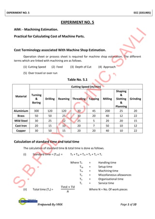 EXPERIMENT NO. 5 ECC (3351905)
Prepared By VHH Page 1 of 10
EXPERIMENT NO. 5
AIM: - Machining Estimation.
Practical for Calculating Cost of Machine Parts.
Cost Terminology associated With Machine Shop Estimation.
Operation sheet or process sheet is required for machine shop estimation. The different
terms which are linked with machining are as follows.
(1) Cutting Speed (2) Feed (3) Depth of Cut (4) Approach
(5) Over travel or over run
Table No. 5.1
Material
Cutting Speed (m/min)
Turning
&
Boring
Drilling Reaming Threading Tapping Milling
Shaping
&
Slotting
&
Planning
Grinding
Aluminium 300 120 120 30 45 200 25 20
Brass 50 50 25 30 20 40 12 22
Mild Steel 30 25 12 25 5 20 20 15
Cast Iron 20 15 10 20 7 50 10 12
Copper 30 50 15 20 20 40 10 22
Calculation of standard time and total time
The calculation of standard time & total time is done as follows.
(i) Standard time = (Tstd) = Th + Tsp + Tm + Ta + To + Ts
Where Th = Handling time
Tsp = Setup time
Tm = Machining time
Ta = Miscellaneous allowances
To = Organisational time
Ts = Service time
(ii) Total time (Tu) =
Tstd + Td
𝑁
Where N = No. Of work pieces
 
