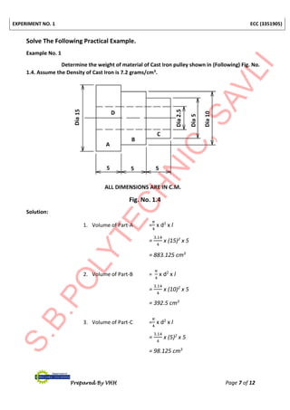EXPERIMENT NO. 1 ECC (3351905)
Prepared By VHH Page 7 of 12
Solve The Following Practical Example.
Example No. 1
Determine the weight of material of Cast Iron pulley shown in (Following) Fig. No.
1.4. Assume the Density of Cast Iron is 7.2 grams/cm3.
Fig. No. 1.4
Solution:
1. Volume of Part-A =
𝜋
4
x d2
x l
=
3.14
4
x (15)2
x 5
= 883.125 cm3
2. Volume of Part-B =
𝜋
4
x d2
x l
=
3.14
4
x (10)2
x 5
= 392.5 cm3
3. Volume of Part-C =
𝜋
4
x d2
x l
=
3.14
4
x (5)2
x 5
= 98.125 cm3
 