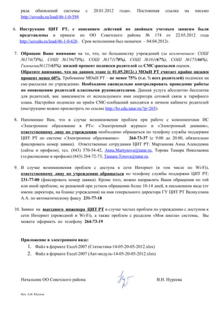 ряда обновлений системы            с   20.01.2012   года».   Постоянная   ссылка     на   письмо
   http://sovedu.ru/load/46-1-0-594

6. Инструкции ЦИТ РТ, с описанием действий по двойным учетным записям были
   представлены в приказе по ОО Советского района № 174 от 22.03.2012 года
   http://sovedu.ru/load/46-1-0-626 . Срок исполнения был назначен – 04.04.2012г.

7. Обращаю Ваше внимание на то, что, по большинству учреждений (за исключением: СОШ
   №174(73%), СОШ №156(73%), СОШ №171(70%), СОШ №161(67%), СОШ №175(66%),
   Гимназии№125(65%), низкий процент подписки родителей на СМС-рассылки оценок.
   Обратите внимание, что на данном этапе (с 01.05.2012г.) МОиН РТ считает крайне низким
   процент менее 60%. Требование МОиН РТ – не менее 75% (т.е. ¾ всех родителей) подписки на
   смс-рассылки по учреждению. Необходимо еженедельно контролировать проведение работы
   по оповещению родителей классными руководителями. Данная услуга абсолютно бесплатна
   для родителей, вне зависимости от используемого ими оператора сотовой связи и тарифного
   плана. Настройки подписки на приём СМС-сообщений находятся в личном кабинете родителей
   (инструкцию можно просмотреть по ссылке http://bz.edu.tatar.ru/?p=265).

8. Напоминаю Вам, что в случае возникновения проблем при работе с компонентами ИС
   «Электронное образование в РТ»: «Электронный журнал» и «Электронный дневник»,
   ответственному лицу по учреждению необходимо обращаться по телефону службы поддержки
   ЦИТ РТ по системе «Электронное образование»:           264-73-37 (с 9.00 до 20.00, обязательно
   фиксировать номер заявки). Ответственные сотрудники ЦИТ РТ: Мартынова Анна Алексеевна
   (сайты и профили), тел. (843) 570-54-42, Anna.Martynova@tatar.ru, Торова Тамара Николаевна
   (эл.расписание и профили) (843) 264-72-73, Tamara.Torova@tatar.ru.

9. В случае возникновения проблем с доступа к сети Интернет (в том числе по Wi-Fi),
   ответственному лицу по учреждению обращаться по телефону службы поддержки ЦИТ РТ:
   231-77-00 (фиксировать номер заявки). Кроме того, можно направлять Ваши обращения по той
   или иной проблеме, не решаемой при устном обращении более 10-14 дней, в письменном виде (от
   имени директора, на бланке учреждения) на имя генерального директора ГУ ЦИТ РТ Валиуллина
   А.А. по автоматическому факсу 231-77-18

10. Заявки на выездного инженера ЦИТ РТ в случае частых проблем по учреждению с доступом к
    сети Интернет (проводной и Wi-Fi), а также проблем с разделом «Моя школа» системы, Вы
    можете оформить по телефону 264-73-19



   Приложение в электронном виде:
       1. Файл в формате Excel-2007 (Статистика-14-05-20-05-2012.xlsx)
       2. Файл в формате Excel-2007 (Авт-модуль-14-05-20-05-2012.xlsx)



   Начальник ОО Советского района                                        В.Н. Нуреева


   Исп. А.И. Юсупов
 