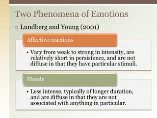  Lundberg and Young (2001)
Two Phenomena of Emotions
• Vary from weak to strong in intensity, are
relatively short in persistence, and are not
diffuse in that they have particular stimuli.
Affective reactions
• Less intense, typically of longer duration,
and are diffuse in that they are not
associated with anything in particular.
Moods
 