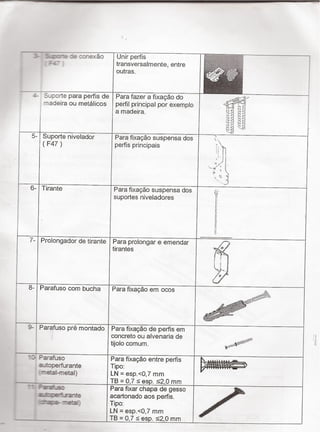 o
05 5_1:cr1~:- :e :cnexão Unir perfis
transversaimente, entre
Outras.
Soporte para perfis de
rnadeira ou metálicos
Para fazer a ﬁxação do
perfil principal por exempio
a madeira.
- ;›
z- :.¢f.›'--''›'..
çsàt -'='=*<É ¿ CX
ff; s> ii zç
eë' É<j'W ° . ' _-_
af' _¢'§
3_.< še ¢
ai i<
ì*›_,;_§ `“
(iv
'W',iv r-n «'L/'š.›'.'.r.
5_ Suporte nivelador
( F47 )
Para fixaçao suspense dos
perfis principais ,›`
_.1'›š`f;`,
_,MWﬂ.T. .'*"”`..,....{W¿4Á/,._W_M....swf
6- Tirante Para ﬁxação suspensa dos
suportes niveladores É?
_-.__.ì.ì
7- Prolongador de tirante Para prolongar e emendar
tirantes
¡L ,
†-..L¡____v
z
Q' É
1 i '
8- Parafuso com bucha Para ﬁxação em ocos
› › " V
É
te
flëf
..->'- ¢=›-'f.-._-.-- .›. -
'§-«._ †¢›=.†;:!F
,..;:.<â,›:f âe:=L -¢-
9- Parafuso pré montado Para ﬁxação de perfis em
concreto ou alvenaria de
tijoio comum. wﬁﬁ@
,_
_ Perafuso
a.-'toperfurante
¬e±ai~metaI)
Para ﬁxação entre perfis
Tipo:
LN = esp.<O,7 mm
TB = 0,7 s esp. s2,0 mm
"'¢.ﬁ'J"'
I -iZf.'.'›."'«”r
--
a.©ì'†J`ãf1ÍG
í- T-seat)
Para fixar chapa de gesso
acartonado aos perﬂs.
Tipo:
LN = esp.<O,7 mm
TB = 0,7 s esp. 52,0 mm
 