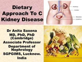 Dietary
Approach To C
Kidney Disease
Dr Anita Saxena
MD, PhD, PhD
(Cambridge)
Associate Professor
Department of
Nephrology
SGPGIMS, Lucknow.
India
 