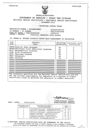 Keabetswe Phumo Matric Certificate