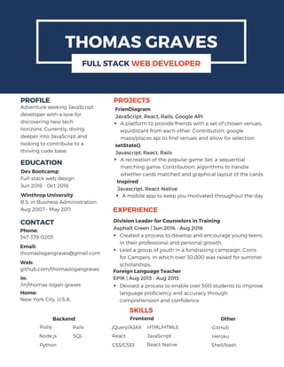 THOMAS GRAVES
FULL STACK WEB DEVELOPER
CONTACT
EDUCATION
Phone:
347-379-0203
Email:
thomaslogangraves@gmail.com
Web:
github.com/thomaslogangraves
Home:
New York City, U.S.A.
Dev Bootcamp
Division Leader for Counselors in Training
Asphalt Green | Jun 2016 - Aug 2016
Created a process to develop and encourage young teens
in their professional and personal growth.
Lead a group of youth in a fundraising campaign, Coins
for Campers, in which over 30,000 was raised for summer
scholarships.
Full-stack web design
Jun 2016 - Oct 2016
Foreign Language Teacher
EPIK | Aug 2013 - Aug 2015
Devised a process to enable over 500 students to improve
language proficiency and accuracy through
comprehension and confidence.
HTML/HTML5
React JavaScript
Ruby jQuery/AJAX
Adventure seeking JavaScript
developer with a love for
discovering new tech
horizons. Currently, diving
deeper into JavaScript and
looking to contribute to a
thriving code base.
PROFILE
EXPERIENCE
SKILLS
CSS/CSS3
SQL
Rails
Python
PROJECTS
FrienDiagram
JavaScript, React, Rails, Google API
A platform to provide friends with a set of chosen venues,
equidistant from each other. Contribution: google
maps/places api to find venues and allow for selection.
setState()
Javascript, React, Rails
A recreation of the popular game Set, a sequential
matching game. Contribution: algorithms to handle
whether cards matched and graphical layout of the cards.
Winthrop University
B.S. in Business Administration
Aug 2007 - May 2011
Backend
Node.js
Frontend
React-Native
Other
GitHub
Heroku
Shell/bash
In:
/in/thomas-logan-graves
Inspired
Javascript, React-Native
A mobile app to keep you motivated throughout the day.
 