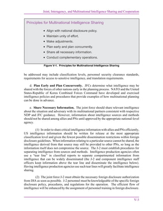 Joint, Interagency, and Multinational Intelligence Sharing and Cooperation
V-3
be addressed may include classification levels, personnel security clearance standards,
requirements for access to sensitive intelligence, and translation requirements.
d. Plan Early and Plan Concurrently. JFCs determine what intelligence may be
shared with the forces of other nations early in the planning process. NATO and the United
States-Republic of Korea Combined Forces Command have developed and exercised
intelligence policies and procedures that provide examples of how multinational planning
can be done in advance.
e. Share Necessary Information. The joint force should share relevant intelligence
about the situation and adversary with its multinational partners consistent with respective
NDP and JFC guidance. However, information about intelligence sources and methods
should not be shared among allies and PNs until approved by the appropriate national-level
agency.
(1) In order to share critical intelligence information with allies and PNs efficiently,
US intelligence information should be written for release at the most appropriate
classification level and given the fewest possible dissemination restrictions within foreign
disclosure guidelines. When information relating to a particular source cannot be shared, the
intelligence derived from that source may still be provided to other PNs, so long as the
information itself does not compromise the source. The J-2 must establish procedures for
separating intelligence from sources and methods. Intelligence production agencies often
use a “tear line” in classified reports to separate compartmented information from
intelligence that can be widely disseminated (the J-2 and component intelligence staff
officers keep information above the tear line and disseminate the intelligence below).
Having intelligence production agencies use such tear lines will greatly facilitate intelligence
sharing.
(2) The joint force J-2 must obtain the necessary foreign disclosure authorization
from DIA as soon as possible. J-2 personnel must be knowledgeable of the specific foreign
disclosure policy, procedures, and regulations for the operation. The efficient flow of
intelligence will be enhanced by the assignment of personnel training in foreign disclosure.
Figure V-1. Principles for Multinational Intelligence Sharing
Principles for Multinational Intelligence Sharing






Align with national disclosure policy.
Maintain unity of effort.
Make adjustments.
Plan early and plan concurrently.
Share all necessary information.
Conduct complementary operations.
 