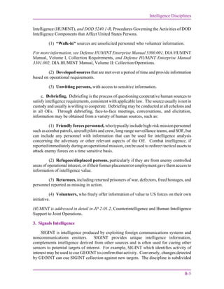 Intelligence Disciplines
B-5
Intelligence (HUMINT), and DOD 5240.1-R, Procedures Governing the Activities of DOD
Intelligence Components that Affect United States Persons.
(1) “Walk-in” sources are unsolicited personnel who volunteer information.
For more information, see Defense HUMINT Enterprise Manual 3300.001, DIA HUMINT
Manual, Volume I, Collection Requirements, and Defense HUMINT Enterprise Manual
3301.002, DIA HUMINT Manual, Volume II: Collection Operations.
(2) Developed sources that are met over a period of time and provide information
based on operational requirements.
(3) Unwitting persons, with access to sensitive information.
c. Debriefing. Debriefing is the process of questioning cooperative human sources to
satisfy intelligence requirements, consistent with applicable law. The source usually is not in
custody and usually is willing to cooperate. Debriefing may be conducted at all echelons and
in all OEs. Through debriefing, face-to-face meetings, conversations, and elicitation,
information may be obtained from a variety of human sources, such as:
(1) Friendly forces personnel, who typically include high-risk mission personnel
such as combat patrols, aircraft pilots and crew, long range surveillance teams, and SOF, but
can include any personnel with information that can be used for intelligence analysis
concerning the adversary or other relevant aspects of the OE. Combat intelligence, if
reported immediately during an operational mission, can be used to redirect tactical assets to
attack enemy forces on a time sensitive basis.
(2) Refugees/displaced persons, particularly if they are from enemy controlled
areas of operational interest, or if their former placement or employment gave them access to
information of intelligence value.
(3) Returnees, including returned prisoners of war, defectors, freed hostages, and
personnel reported as missing in action.
(4) Volunteers, who freely offer information of value to US forces on their own
initiative.
HUMINT is addressed in detail in JP 2-01.2, Counterintelligence and Human Intelligence
Support to Joint Operations.
3. Signals Intelligence
SIGINT is intelligence produced by exploiting foreign communications systems and
noncommunications emitters. SIGINT provides unique intelligence information,
complements intelligence derived from other sources and is often used for cueing other
sensors to potential targets of interest. For example, SIGINT which identifies activity of
interest may be used to cue GEOINT to confirm that activity. Conversely, changes detected
by GEOINT can cue SIGINT collection against new targets. The discipline is subdivided
 