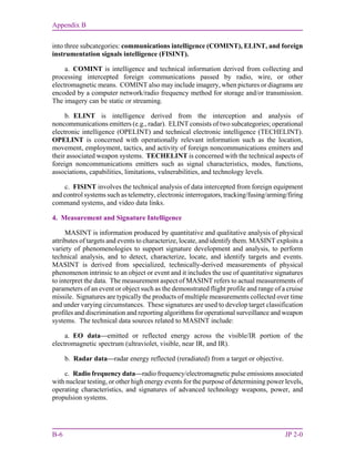 Appendix B
B-6 JP 2-0
into three subcategories: communications intelligence (COMINT), ELINT, and foreign
instrumentation signals intelligence (FISINT).
a. COMINT is intelligence and technical information derived from collecting and
processing intercepted foreign communications passed by radio, wire, or other
electromagnetic means. COMINT also may include imagery, when pictures or diagrams are
encoded by a computer network/radio frequency method for storage and/or transmission.
The imagery can be static or streaming.
b. ELINT is intelligence derived from the interception and analysis of
noncommunications emitters (e.g., radar). ELINT consists of two subcategories; operational
electronic intelligence (OPELINT) and technical electronic intelligence (TECHELINT).
OPELINT is concerned with operationally relevant information such as the location,
movement, employment, tactics, and activity of foreign noncommunications emitters and
their associated weapon systems. TECHELINT is concerned with the technical aspects of
foreign noncommunications emitters such as signal characteristics, modes, functions,
associations, capabilities, limitations, vulnerabilities, and technology levels.
c. FISINT involves the technical analysis of data intercepted from foreign equipment
and control systems such as telemetry, electronic interrogators, tracking/fusing/arming/firing
command systems, and video data links.
4. Measurement and Signature Intelligence
MASINT is information produced by quantitative and qualitative analysis of physical
attributes of targets and events to characterize, locate, and identify them. MASINT exploits a
variety of phenomenologies to support signature development and analysis, to perform
technical analysis, and to detect, characterize, locate, and identify targets and events.
MASINT is derived from specialized, technically-derived measurements of physical
phenomenon intrinsic to an object or event and it includes the use of quantitative signatures
to interpret the data. The measurement aspect of MASINT refers to actual measurements of
parameters of an event or object such as the demonstrated flight profile and range of a cruise
missile. Signatures are typically the products of multiple measurements collected over time
and under varying circumstances. These signatures are used to develop target classification
profiles and discrimination and reporting algorithms for operational surveillance and weapon
systems. The technical data sources related to MASINT include:
a. EO data—emitted or reflected energy across the visible/IR portion of the
electromagnetic spectrum (ultraviolet, visible, near IR, and IR).
b. Radar data—radar energy reflected (reradiated) from a target or objective.
c. Radio frequency data—radio frequency/electromagnetic pulse emissions associated
with nuclear testing, or other high energy events for the purpose of determining power levels,
operating characteristics, and signatures of advanced technology weapons, power, and
propulsion systems.
 
