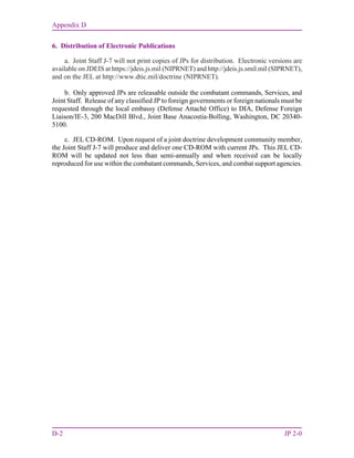Appendix D
D-2 JP 2-0
6. Distribution of Electronic Publications
a. Joint Staff J-7 will not print copies of JPs for distribution. Electronic versions are
available on JDEIS at https://jdeis.js.mil (NIPRNET) and http://jdeis.js.smil.mil (SIPRNET),
and on the JEL at http://www.dtic.mil/doctrine (NIPRNET).
b. Only approved JPs are releasable outside the combatant commands, Services, and
Joint Staff. Release of any classified JP to foreign governments or foreign nationals must be
requested through the local embassy (Defense Attaché Office) to DIA, Defense Foreign
Liaison/IE-3, 200 MacDill Blvd., Joint Base Anacostia-Bolling, Washington, DC 20340-
5100.
c. JEL CD-ROM. Upon request of a joint doctrine development community member,
the Joint Staff J-7 will produce and deliver one CD-ROM with current JPs. This JEL CD-
ROM will be updated not less than semi-annually and when received can be locally
reproduced for use within the combatant commands, Services, and combat support agencies.
 