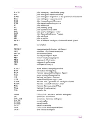 Glossary
GL-3
JIACG joint interagency coordination group
JIOC joint intelligence operations center
JIPOE joint intelligence preparation of the operational environment
JISE joint intelligence support element
JLLP Joint Lessons Learned Program
JOPP joint operation planning process
JP joint publication
JPG joint planning group
JRC joint reconnaissance center
JRIC joint reserve intelligence center
JRIP Joint Reserve Intelligence Program
JTF joint task force
JTL joint target list
JWICS Joint Worldwide Intelligence Communications System
LOE line of effort
MASINT measurement and signature intelligence
MEA munitions effectiveness assessment
MEDINT medical intelligence
MIB Military Intelligence Board
MIP military intelligence program
MOE measure of effectiveness
MOP measure of performance
MSI multispectral imagery
NATO North Atlantic Treaty Organization
NDP national disclosure policy
NGA National Geospatial-Intelligence Agency
NGO nongovernmental organization
NIP National Intelligence Program
NISP national intelligence support plan
NJOIC National Joint Operations and Intelligence Center
NMCC National Military Command Center
NRO National Reconnaissance Office
NSA National Security Agency
NSL no-strike list
ODNI Office of the Director of National Intelligence
OE operational environment
OPELINT operational electronic intelligence
OPLAN operation plan
OPORD operation order
OPSEC operations security
OSD Office of the Secretary of Defense
OSINT open-source intelligence
 
