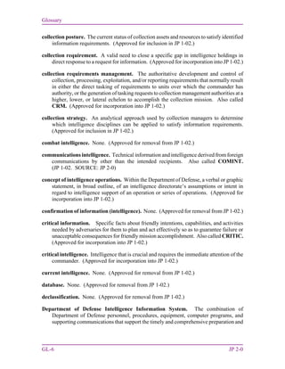 Glossary
GL-6 JP 2-0
collection posture. The current status of collection assets and resources to satisfy identified
information requirements. (Approved for inclusion in JP 1-02.)
collection requirement. A valid need to close a specific gap in intelligence holdings in
direct response to a request for information. (Approved for incorporation into JP 1-02.)
collection requirements management. The authoritative development and control of
collection, processing, exploitation, and/or reporting requirements that normally result
in either the direct tasking of requirements to units over which the commander has
authority, or the generation of tasking requests to collection management authorities at a
higher, lower, or lateral echelon to accomplish the collection mission. Also called
CRM. (Approved for incorporation into JP 1-02.)
collection strategy. An analytical approach used by collection managers to determine
which intelligence disciplines can be applied to satisfy information requirements.
(Approved for inclusion in JP 1-02.)
combat intelligence. None. (Approved for removal from JP 1-02.)
communications intelligence. Technical information and intelligence derived from foreign
communications by other than the intended recipients. Also called COMINT.
(JP 1-02. SOURCE: JP 2-0)
concept of intelligence operations. Within the Department of Defense, a verbal or graphic
statement, in broad outline, of an intelligence directorate’s assumptions or intent in
regard to intelligence support of an operation or series of operations. (Approved for
incorporation into JP 1-02.)
confirmation of information (intelligence). None. (Approved for removal from JP 1-02.)
critical information. Specific facts about friendly intentions, capabilities, and activities
needed by adversaries for them to plan and act effectively so as to guarantee failure or
unacceptable consequences for friendly mission accomplishment. Also called CRITIC.
(Approved for incorporation into JP 1-02.)
critical intelligence. Intelligence that is crucial and requires the immediate attention of the
commander. (Approved for incorporation into JP 1-02.)
current intelligence. None. (Approved for removal from JP 1-02.)
database. None. (Approved for removal from JP 1-02.)
declassification. None. (Approved for removal from JP 1-02.)
Department of Defense Intelligence Information System. The combination of
Department of Defense personnel, procedures, equipment, computer programs, and
supporting communications that support the timely and comprehensive preparation and
 