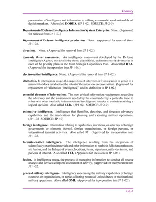 Glossary
GL-7
presentation of intelligence and information to military commanders and national-level
decision makers. Also called DODIIS. (JP 1-02. SOURCE: JP 2-0)
Department of Defense Intelligence Information System Enterprise. None. (Approved
for removal from JP 1-02.)
Department of Defense intelligence production. None. (Approved for removal from
JP 1-02.)
direction. None. (Approved for removal from JP 1-02.)
dynamic threat assessment. An intelligence assessment developed by the Defense
Intelligence Agency that details the threat, capabilities, and intentions of adversaries in
each of the priority plans in the Joint Strategic Capabilities Plan. Also called DTA.
(Approved for incorporation into JP 1-02.)
electro-optical intelligence. None. (Approved for removal from JP 1-02.)
elicitation. In intelligence usage, the acquisition of information from a person or group in a
manner that does not disclose the intent of the interview or conversation. (Approved for
replacement of “elicitation (intelligence)” and its definition in JP 1-02.)
essential elements of information. The most critical information requirements regarding
the adversary and the environment needed by the commander by a particular time to
relate with other available information and intelligence in order to assist in reaching a
logical decision. Also called EEIs. (JP 1-02. SOURCE: JP 2-0)
estimative intelligence. Intelligence that identifies, describes, and forecasts adversary
capabilities and the implications for planning and executing military operations.
(JP 1-02. SOURCE: JP 2-0)
foreign intelligence. Information relating to capabilities, intentions, or activities of foreign
governments or elements thereof, foreign organizations, or foreign persons, or
international terrorist activities. Also called FI. (Approved for incorporation into
JP 1-02.)
forensic-enabled intelligence. The intelligence resulting from the integration of
scientifically examined materials and other information to establish full characterization,
attribution, and the linkage of events, locations, items, signatures, nefarious intent, and
persons of interest. Also called FEI. (Approved for inclusion in JP 1-02.)
fusion. In intelligence usage, the process of managing information to conduct all-source
analysis and derive a complete assessment of activity. (Approved for incorporation into
JP 1-02.)
general military intelligence. Intelligence concerning the military capabilities of foreign
countries or organizations, or topics affecting potential United States or multinational
military operations. Also called GMI. (Approved for incorporation into JP 1-02.)
 
