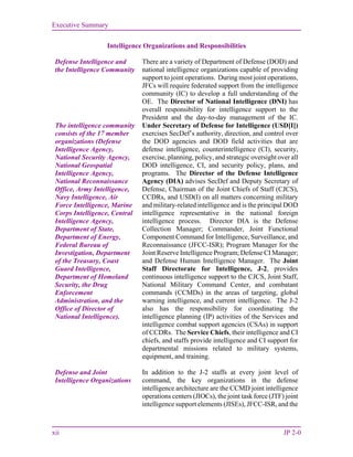 Executive Summary
xii JP 2-0
Intelligence Organizations and Responsibilities
Defense Intelligence and
the Intelligence Community
The intelligence community
consists of the 17 member
organizations (Defense
Intelligence Agency,
National Security Agency,
National Geospatial
Intelligence Agency,
National Reconnaissance
Office, Army Intelligence,
Navy Intelligence, Air
Force Intelligence, Marine
Corps Intelligence, Central
Intelligence Agency,
Department of State,
Department of Energy,
Federal Bureau of
Investigation, Department
of the Treasury, Coast
Guard Intelligence,
Department of Homeland
Security, the Drug
Enforcement
Administration, and the
Office of Director of
National Intelligence).
There are a variety of Department of Defense (DOD) and
national intelligence organizations capable of providing
support to joint operations. During most joint operations,
JFCs will require federated support from the intelligence
community (IC) to develop a full understanding of the
OE. The Director of National Intelligence (DNI) has
overall responsibility for intelligence support to the
President and the day-to-day management of the IC.
Under Secretary of Defense for Intelligence (USD[I])
exercises SecDef’s authority, direction, and control over
the DOD agencies and DOD field activities that are
defense intelligence, counterintelligence (CI), security,
exercise, planning, policy, and strategic oversight over all
DOD intelligence, CI, and security policy, plans, and
programs. The Director of the Defense Intelligence
Agency (DIA) advises SecDef and Deputy Secretary of
Defense, Chairman of the Joint Chiefs of Staff (CJCS),
CCDRs, and USD(I) on all matters concerning military
and military-related intelligence and is the principal DOD
intelligence representative in the national foreign
intelligence process. Director DIA is the Defense
Collection Manager; Commander, Joint Functional
Component Command for Intelligence, Surveillance, and
Reconnaissance (JFCC-ISR); Program Manager for the
Joint Reserve Intelligence Program; Defense CI Manager;
and Defense Human Intelligence Manager. The Joint
Staff Directorate for Intelligence, J-2, provides
continuous intelligence support to the CJCS, Joint Staff,
National Military Command Center, and combatant
commands (CCMDs) in the areas of targeting, global
warning intelligence, and current intelligence. The J-2
also has the responsibility for coordinating the
intelligence planning (IP) activities of the Services and
intelligence combat support agencies (CSAs) in support
of CCDRs. The Service Chiefs, their intelligence and CI
chiefs, and staffs provide intelligence and CI support for
departmental missions related to military systems,
equipment, and training.
Defense and Joint
Intelligence Organizations
In addition to the J-2 staffs at every joint level of
command, the key organizations in the defense
intelligence architecture are the CCMD joint intelligence
operations centers (JIOCs), the joint task force (JTF) joint
intelligence support elements (JISEs), JFCC-ISR, and the
 