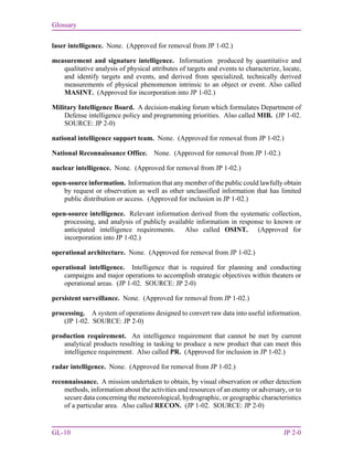 Glossary
GL-10 JP 2-0
laser intelligence. None. (Approved for removal from JP 1-02.)
measurement and signature intelligence. Information produced by quantitative and
qualitative analysis of physical attributes of targets and events to characterize, locate,
and identify targets and events, and derived from specialized, technically derived
measurements of physical phenomenon intrinsic to an object or event. Also called
MASINT. (Approved for incorporation into JP 1-02.)
Military Intelligence Board. A decision-making forum which formulates Department of
Defense intelligence policy and programming priorities. Also called MIB. (JP 1-02.
SOURCE: JP 2-0)
national intelligence support team. None. (Approved for removal from JP 1-02.)
National Reconnaissance Office. None. (Approved for removal from JP 1-02.)
nuclear intelligence. None. (Approved for removal from JP 1-02.)
open-source information. Information that any member of the public could lawfully obtain
by request or observation as well as other unclassified information that has limited
public distribution or access. (Approved for inclusion in JP 1-02.)
open-source intelligence. Relevant information derived from the systematic collection,
processing, and analysis of publicly available information in response to known or
anticipated intelligence requirements. Also called OSINT. (Approved for
incorporation into JP 1-02.)
operational architecture. None. (Approved for removal from JP 1-02.)
operational intelligence. Intelligence that is required for planning and conducting
campaigns and major operations to accomplish strategic objectives within theaters or
operational areas. (JP 1-02. SOURCE: JP 2-0)
persistent surveillance. None. (Approved for removal from JP 1-02.)
processing. A system of operations designed to convert raw data into useful information.
(JP 1-02. SOURCE: JP 2-0)
production requirement. An intelligence requirement that cannot be met by current
analytical products resulting in tasking to produce a new product that can meet this
intelligence requirement. Also called PR. (Approved for inclusion in JP 1-02.)
radar intelligence. None. (Approved for removal from JP 1-02.)
reconnaissance. A mission undertaken to obtain, by visual observation or other detection
methods, information about the activities and resources of an enemy or adversary, or to
secure data concerning the meteorological, hydrographic, or geographic characteristics
of a particular area. Also called RECON. (JP 1-02. SOURCE: JP 2-0)
 