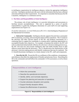 The Nature of Intelligence
I-3
to intelligence organizations by intelligence planners, initiate the appropriate intelligence
activities. Intelligence products provide users with the information that has been collected
and analyzed based on their requirements. It is important to remember that because the OE
is dynamic, intelligence is a continuous activity.
2. The Roles and Responsibilities of Joint Intelligence
The primary role of joint intelligence is to provide information and assessments to
facilitate mission accomplishment. This role is supported by a series of specific
responsibilities to guide the intelligence directorate of a joint staff (J-2) and supporting
organizations (see Figure I-2).
For further information, see Joint Publication (JP) 2-01.3, Joint Intelligence Preparation of
the Operational Environment.
a. Inform the Commander. Intelligence directly supports the joint force commander
(JFC) in planning, executing, and assessing the impact of those operations. The J-2 analyzes
the adversary and other relevant aspects of the OE, and produces assessments on a
continuing basis to support the commander in creating and/or exploiting opportunities to
accomplish friendly force objectives. For example, to maintain the initiative, the JFC will
seek to understand and potentially influence the adversary’s decision-making process (e.g.,
the JFC will seek new and accurate intelligence that will enable friendly forces to take
effective action faster than the adversary). The J-2 should assess the characteristics of the
adversary’s decision-making process and identify weaknesses that may be exploited. The
J-2 should disseminate intelligence in a timely manner to the JFC, staff, and components.
b. Describe the OE. Present the OE as a confluence of the conditions, circumstances,
and influences that affect the employment of friendly and adversary forces. Describing this
OE to the commander and staff affects the commander’s COA assessment, as well as future
operations.
Figure I-2. Responsibilities of Joint Intelligence
Responsibilities of Joint Intelligence







Inform the commander.
Describe the operational environment.
Identify, define, and nominate objectives.
Support the planning and execution of operations.
Counter adversary deception and surprise.
Support friendly deception efforts.
Assess the effectiveness of operations.
 
