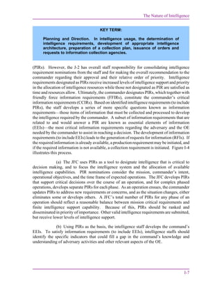 The Nature of Intelligence
I-7
(PIRs). However, the J-2 has overall staff responsibility for consolidating intelligence
requirement nominations from the staff and for making the overall recommendation to the
commander regarding their approval and their relative order of priority. Intelligence
requirements designated as PIRs receive increased levels of intelligence support and priority
in the allocation of intelligence resources while those not designated as PIR are satisfied as
time and resources allow. Ultimately, the commander designates PIRs, which together with
friendly force information requirements (FFIRs), constitute the commander’s critical
information requirements (CCIRs). Based on identified intelligence requirements (to include
PIRs), the staff develops a series of more specific questions known as information
requirements—those items of information that must be collected and processed to develop
the intelligence required by the commander. A subset of information requirements that are
related to and would answer a PIR are known as essential elements of information
(EEIs)—the most critical information requirements regarding the adversary and the OE
needed by the commander to assist in reaching a decision. The development of information
requirements (to include EEIs) leads to the generation of requests for information (RFIs). If
the required information is already available, a production requirement may be initiated, and
if the required information is not available, a collection requirement is initiated. Figure I-4
illustrates this process.
(a) The JFC uses PIRs as a tool to designate intelligence that is critical to
decision making, and to focus the intelligence system and the allocation of available
intelligence capabilities. PIR nominations consider the mission, commander’s intent,
operational objectives, and the time frame of expected operations. The JFC develops PIRs
that support critical decisions over the course of an operation, and for complex phased
operations, develops separate PIRs for each phase. As an operation ensues, the commander
updates PIRs to address new requirements or concerns, and as the situation changes, either
eliminates some or develops others. A JFC’s total number of PIRs for any phase of an
operation should reflect a reasonable balance between mission critical requirements and
finite intelligence support capability. Because of this, PIRs should be ranked and
disseminated in priority of importance. Other valid intelligence requirements are submitted,
but receive lower levels of intelligence support.
(b) Using PIRs as the basis, the intelligence staff develops the command’s
EEIs. To satisfy information requirements (to include EEIs), intelligence staffs should
identify the specific indicators that could fill a gap in the command’s knowledge and
understanding of adversary activities and other relevant aspects of the OE.
KEY TERM:
Planning and Direction. In intelligence usage, the determination of
intelligence requirements, development of appropriate intelligence
architecture, preparation of a collection plan, issuance of orders and
requests to information collection agencies.
 