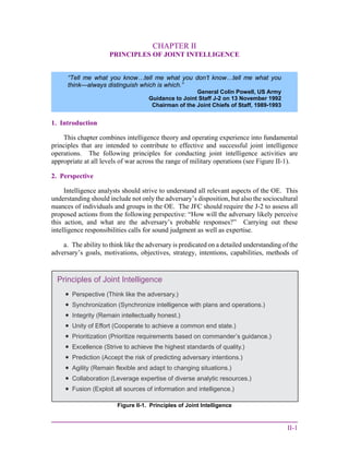 II-1
CHAPTER II
PRINCIPLES OF JOINT INTELLIGENCE
1. Introduction
This chapter combines intelligence theory and operating experience into fundamental
principles that are intended to contribute to effective and successful joint intelligence
operations. The following principles for conducting joint intelligence activities are
appropriate at all levels of war across the range of military operations (see Figure II-1).
2. Perspective
Intelligence analysts should strive to understand all relevant aspects of the OE. This
understanding should include not only the adversary’s disposition, but also the sociocultural
nuances of individuals and groups in the OE. The JFC should require the J-2 to assess all
proposed actions from the following perspective: “How will the adversary likely perceive
this action, and what are the adversary’s probable responses?” Carrying out these
intelligence responsibilities calls for sound judgment as well as expertise.
a. The ability to think like the adversary is predicated on a detailed understanding of the
adversary’s goals, motivations, objectives, strategy, intentions, capabilities, methods of
“Tell me what you know…tell me what you don’t know…tell me what you
think—always distinguish which is which.”
General Colin Powell, US Army
Guidance to Joint Staff J-2 on 13 November 1992
Chairman of the Joint Chiefs of Staff, 1989-1993
Figure II-1. Principles of Joint Intelligence
Principles of Joint Intelligence










Perspective (Think like the adversary.)
Synchronization (Synchronize intelligence with plans and operations.)
Integrity (Remain intellectually honest.)
Unity of Effort (Cooperate to achieve a common end state.)
Prioritization (Prioritize requirements based on commander’s guidance.)
Excellence (Strive to achieve the highest standards of quality.)
Prediction (Accept the risk of predicting adversary intentions.)
Agility (Remain flexible and adapt to changing situations.)
Collaboration (Leverage expertise of diverse analytic resources.)
Fusion (Exploit all sources of information and intelligence.)
 