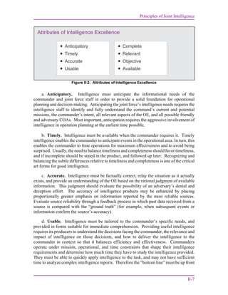 Principles of Joint Intelligence
II-7
a. Anticipatory. Intelligence must anticipate the informational needs of the
commander and joint force staff in order to provide a solid foundation for operational
planning and decision-making. Anticipating the joint force’s intelligence needs requires the
intelligence staff to identify and fully understand the command’s current and potential
missions, the commander’s intent, all relevant aspects of the OE, and all possible friendly
and adversary COAs. Most important, anticipation requires the aggressive involvement of
intelligence in operation planning at the earliest time possible.
b. Timely. Intelligence must be available when the commander requires it. Timely
intelligence enables the commander to anticipate events in the operational area. In turn, this
enables the commander to time operations for maximum effectiveness and to avoid being
surprised. Usually, the need to balance timeliness and completeness should favor timeliness,
and if incomplete should be stated in the product, and followed up later. Recognizing and
balancing the subtle differences relative to timeliness and completeness is one of the critical
art forms for good intelligence.
c. Accurate. Intelligence must be factually correct, relay the situation as it actually
exists, and provide an understanding of the OE based on the rational judgment of available
information. This judgment should evaluate the possibility of an adversary’s denial and
deception effort. The accuracy of intelligence products may be enhanced by placing
proportionally greater emphasis on information reported by the most reliable sources.
Evaluate source reliability through a feedback process in which past data received from a
source is compared with the “ground truth” (for example, when subsequent events or
information confirm the source’s accuracy).
d. Usable. Intelligence must be tailored to the commander’s specific needs, and
provided in forms suitable for immediate comprehension. Providing useful intelligence
requires its producers to understand the decisions facing the commander, the relevance and
impact of intelligence on those decisions, and how to deliver the intelligence to the
commander in context so that it balances efficiency and effectiveness. Commanders
operate under mission, operational, and time constraints that shape their intelligence
requirements and determine how much time they have to study the intelligence provided.
They must be able to quickly apply intelligence to the task, and may not have sufficient
time to analyze complex intelligence reports. Therefore the “bottom line” must be up front
Figure II-2. Attributes of Intelligence Excellence
Attributes of Intelligence Excellence




Anticipatory
Timely
Accurate
Usable




Complete
Relevant
Objective
Available
 