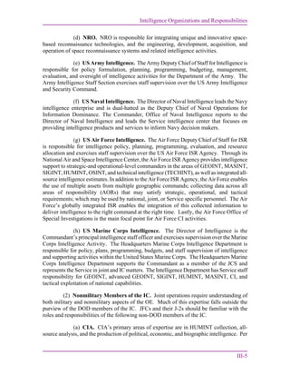 Intelligence Organizations and Responsibilities
III-5
(d) NRO. NRO is responsible for integrating unique and innovative space-
based reconnaissance technologies, and the engineering, development, acquisition, and
operation of space reconnaissance systems and related intelligence activities.
(e) US Army Intelligence. The Army Deputy Chief of Staff for Intelligence is
responsible for policy formulation, planning, programming, budgeting, management,
evaluation, and oversight of intelligence activities for the Department of the Army. The
Army Intelligence Staff Section exercises staff supervision over the US Army Intelligence
and Security Command.
(f) US Naval Intelligence. The Director of Naval Intelligence leads the Navy
intelligence enterprise and is dual-hatted as the Deputy Chief of Naval Operations for
Information Dominance. The Commander, Office of Naval Intelligence reports to the
Director of Naval Intelligence and leads the Service intelligence center that focuses on
providing intelligence products and services to inform Navy decision makers.
(g) US Air Force Intelligence. The Air Force Deputy Chief of Staff for ISR
is responsible for intelligence policy, planning, programming, evaluation, and resource
allocation and exercises staff supervision over the US Air Force ISR Agency. Through its
National Air and Space Intelligence Center, the Air Force ISR Agency provides intelligence
support to strategic-and operational-level commanders in the areas of GEOINT, MASINT,
SIGINT, HUMINT, OSINT, and technical intelligence (TECHINT), as well as integrated all-
source intelligence estimates. In addition to the Air Force ISR Agency, the Air Force enables
the use of multiple assets from multiple geographic commands; collecting data across all
areas of responsibility (AORs) that may satisfy strategic, operational, and tactical
requirements; which may be used by national, joint, or Service specific personnel. The Air
Force’s globally integrated ISR enables the integration of this collected information to
deliver intelligence to the right command at the right time. Lastly, the Air Force Office of
Special Investigations is the main focal point for Air Force CI activities.
(h) US Marine Corps Intelligence. The Director of Intelligence is the
Commandant’s principal intelligence staff officer and exercises supervision over the Marine
Corps Intelligence Activity. The Headquarters Marine Corps Intelligence Department is
responsible for policy, plans, programming, budgets, and staff supervision of intelligence
and supporting activities within the United States Marine Corps. The Headquarters Marine
Corps Intelligence Department supports the Commandant as a member of the JCS and
represents the Service in joint and IC matters. The Intelligence Department has Service staff
responsibility for GEOINT, advanced GEOINT, SIGINT, HUMINT, MASINT, CI, and
tactical exploitation of national capabilities.
(2) Nonmilitary Members of the IC. Joint operations require understanding of
both military and nonmilitary aspects of the OE. Much of this expertise falls outside the
purview of the DOD members of the IC. JFCs and their J-2s should be familiar with the
roles and responsibilities of the following non-DOD members of the IC.
(a) CIA. CIA’s primary areas of expertise are in HUMINT collection, all-
source analysis, and the production of political, economic, and biographic intelligence. Per
 