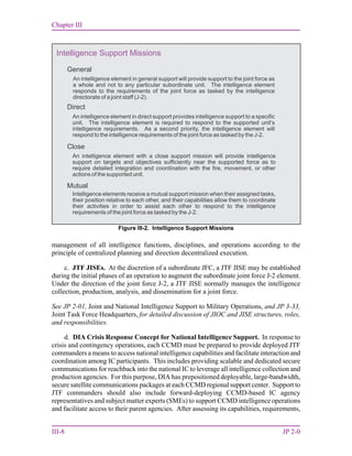 Chapter III
III-8 JP 2-0
management of all intelligence functions, disciplines, and operations according to the
principle of centralized planning and direction decentralized execution.
c. JTF JISEs. At the discretion of a subordinate JFC, a JTF JISE may be established
during the initial phases of an operation to augment the subordinate joint force J-2 element.
Under the direction of the joint force J-2, a JTF JISE normally manages the intelligence
collection, production, analysis, and dissemination for a joint force.
See JP 2-01, Joint and National Intelligence Support to Military Operations, and JP 3-33,
Joint Task Force Headquarters, for detailed discussion of JIOC and JISE structures, roles,
and responsibilities.
d. DIA Crisis Response Concept for National Intelligence Support. In response to
crisis and contingency operations, each CCMD must be prepared to provide deployed JTF
commanders a means to access national intelligence capabilities and facilitate interaction and
coordination among IC participants. This includes providing scalable and dedicated secure
communications for reachback into the national IC to leverage all intelligence collection and
production agencies. For this purpose, DIA has prepositioned deployable, large-bandwidth,
secure satellite communications packages at each CCMD regional support center. Support to
JTF commanders should also include forward-deploying CCMD-based IC agency
representatives and subject matter experts (SMEs) to support CCMD intelligence operations
and facilitate access to their parent agencies. After assessing its capabilities, requirements,
Figure III-2. Intelligence Support Missions
Intelligence Support Missions
General
Direct
Mutual
Close
An intelligence element in general support will provide support to the joint force as
a whole and not to any particular subordinate unit. The intelligence element
responds to the requirements of the joint force as tasked by the intelligence
directorate of a joint staff (J-2).
An intelligence element in direct support provides intelligence support to a specific
unit. The intelligence element is required to respond to the supported unit’s
intelligence requirements. As a second priority, the intelligence element will
respond to the intelligence requirements of the joint force as tasked by the J-2.
An intelligence element with a close support mission will provide intelligence
support on targets and objectives sufficiently near the supported force as to
require detailed integration and coordination with the fire, movement, or other
actions of the supported unit.
Intelligence elements receive a mutual support mission when their assigned tasks,
their position relative to each other, and their capabilities allow them to coordinate
their activities in order to assist each other to respond to the intelligence
requirements of the joint force as tasked by the J-2.
 