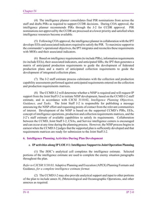 Chapter IV
IV-8 JP 2-0
(4) The intelligence planner consolidates final PIR nominations from across the
staff and drafts PIRs as required to support CCDR decisions. During COA approval, the
intelligence planner recommends PIRs through the J-2 for CCDR approval. PIR
nominations not approved by the CCDR are processed at a lower priority and satisfied when
intelligence resources become available.
(5) Following COA approval, the intelligence planner in collaboration with the IPT
develops EEIs and associated indicators required to satisfy the PIR. To maximize support to
the commander’s operational objectives, the IPT integrates and reconciles these requirements
with MOEs and their associated indicators.
(6) Based on intelligence requirements (to include PIRs), information requirements
(to include EEIs), their associated indicators, and anticipated SIRs, the IPT then generates a
matrix of anticipated production requirements to guide the development of federated
production plans and a matrix of anticipated collection requirements to guide the
development of integrated collection plans.
(7) The J-2 staff estimate process culminates with the collection and production
capability assessments performed against anticipated requirements entered on the collection
and production requirements matrices.
(8) The CCMD J-2 will determine whether a NISP is required and will request IP
support from the Joint Staff J-2 to initiate NISP development, based on the CCMD J-2 staff
estimate, and in accordance with CJCSI 3110.02, Intelligence Planning Objectives,
Guidance, and Tasks. The Joint Staff J-2 is responsible for publishing a message
announcing the NISP effort and requesting points of contact from the relevant communities
of interest. Development of the NISP is based on the supported CCMD’s PIRs, EEIs,
concept of intelligence operations, production and collection requirements matrices, and the
J-2’s staff estimate of available capabilities to satisfy its requirements. Collaboration
between the CCMD, Joint Staff J-2, CSAs, and Service intelligence centers is encouraged
and can occur at any time during the planning process. However, the NISP process begins in
earnest when the CCMD J-2 judges that the supported plan is sufficiently developed and that
requirements matrices are ready for submission to the Joint Staff J-2.
6. Intelligence Planning Activities During Plan Development
a. IP activities along IP LOE # 1: Intelligence Support to Joint Operation Planning
(1) The JIOC’s analytical cell completes the intelligence estimate. Selected
portions of the intelligence estimate are used to complete the enemy situation paragraphs
throughout the plan.
Refer to CJCSM 3130.03, Adaptive Planning and Execution (APEX) Planning Formats and
Guidance, for a complete intelligence estimate format.
(2) The CCMD J-2 may also provide analytical support and input to other portions
of the plan to include annex H, (Meteorological and Oceanographic Operations, and other
annexes as required.
 