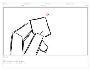 Scene
250
Duration
02:00
Panel
1
Duration
01:00
Dialog
LEIF
Don’t close your heart my dear
friend...open it...and follow it.
 