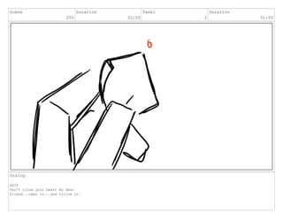 Scene
250
Duration
02:00
Panel
2
Duration
01:00
Dialog
LEIF
Don’t close your heart my dear
friend...open it...and follow it.
 