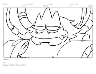 Scene
251
Duration
05:00
Panel
4
Duration
01:00
Dialog
LEIF
Don’t close your heart my dear
friend...open it...and follow it.
 