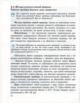 § 2. Методы изучения живой природы.
Рабочие приборы биолога: лупа, микроскоп
ф ср Для изучения живой природы используют различные методы.
• • Какие это методы? Какие приборы необходимы для биологиче-
ских исследований? Как их применять?
Методы изучения живой природы. Одним из важнейших источ-
ников получения знаний о природе являются наблюдения за жизне-
деятельностью живых организмов. Вы можете проводить их в шко-
ле, дома, на прогулках, во время путешествий, в лагере отдыха.
Наблюдение — это зрительное изучение, внимательное рас-
сматривание определенных объектов или явлений живой природы.
Оно имеет очень большое значение в изучении природы, так как
дает конкретное представление о ее объектах и явлениях.
ф Мы можем наблюдать за поведением рыб в аквариуме, за пчелами во вре-
• мя сбора нектара, за тем, как птицы строят гнезда, насиживают и вы-
кармливают птенцов, за распусканием почек на деревьях, ростом листьев и стеб-
лей, раскрыванием цветков и т. д.
Наблюдения можно проводить невооруженным глазом или с по-
мощью увеличительных приборов — бинокля, лупы или микроскопа.
Важным методом изучения природы является также биоло-
гический опыт. В отличие от наблюдения при проведении опыта
человек сознательно изменяет условия протекания тех жизненных
процессов живых организмов, которые он хочет исследовать. С по-
мощью опытов можно, например, выяснить, при какой температуре
лучше прорастают семена фасоли или быстрее выводятся цыплята.
Увеличительные приборы. К увеличительным приборам, с по-
мощью которых проводятся наблюдения за объектами живой при-
роды и изучается их строение, относятся лупа и микроскоп.
Лупа представляет собой выпуклую с двух сторон стеклянную
линзу, вставленную в различные оправы (рис. 7). Лупы обычно уве-
личивают рассматриваемый объект в 2 , 5 — 1 0 раз; бывают лупы с
увеличением в 2 0 — 2 5 раз.
12
 