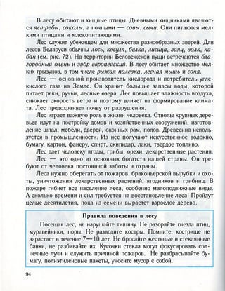 В лесу обитают и хищные птицы. Дневными хищниками являют-
ся ястребы, соколы, а ночными — совы, сычи. Они питаются мел-
кими птицами и млекопитающими.
Лес служит убежищем для множества разнообразных зверей. Для
лесов Беларуси обычны лось, косуля, белка, лисица, заяц, волк, ка-
бан (см. рис. 72). На территории Беловежской пущи встречаются бла-
городный олень и зубр европейский. В лесу обитает множество мел-
ких грызунов, в том числе рыжая полевка, лесная мышь и соня.
Лес — основной производитель кислорода и потребитель угле-
кислого газа на Земле. Он хранит большие запасы воды, которой
питает реки, ручьи, лесные озера. Лес повышает влажность воздуха,
снижает скорость ветра и поэтому влияет на формирование клима-
та. Лес предохраняет почву от разрушения.
Лес играет важную роль в жизни человека. Стволы крупных дере-
вьев идут на постройку домов и хозяйственных сооружений, изготов-
ление шпал, мебели, дверей, оконных рам, полов. Древесина исполь-
зуется в промышленности. Из нее получают искусственное волокно,
бумагу, картон, фанеру, спирт, скипидар, лаки, твердое топливо.
Лес дает человеку ягоды, грибы, орехи, лекарственные растения.
Лес — это одно из основных богатств нашей страны. Он тре-
буют от человека постоянной заботы и охраны.
Леса нужно оберегать от пожаров, браконьерской вырубки и охо-
ты, уничтожения лекарственных растений, ягодников и грибниц. В
пожаре гибнет все население леса, особенно малоподвижные виды.
А сколько времени и сил требуется на восстановление леса! Пройдут
целые десятилетия, пока из семени вырастет взрослое дерево.
Правила поведения в лесу
Посещая лес, не нарушайте тишину. Не разоряйте гнезда птиц,
муравейники, норы. Не разводите костры. Помните, кострище не
зарастает в течение 7 — 1 0 лет. Не бросайте жестяные и стеклянные
банки, не разбивайте их. Кусочки стекла могут фокусировать сол-
нечные лучи и служить причиной пожаров. Не разбрасывайте бу-
магу, полиэтиленовые пакеты, уносите мусор с собой.
 
