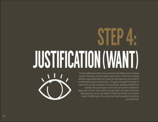 STEP4:
JUSTIFICATION(WANT)In the justification step, the consumer identifies a pair of dress
shoes. However, he isn’t quit...