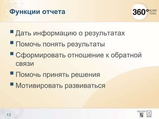 Дать информацию о результатах
Помочь понять результаты
Сформировать отношение к обратной
связи
Помочь принять решения
Мотивировать развиваться
13
Функции отчета
 