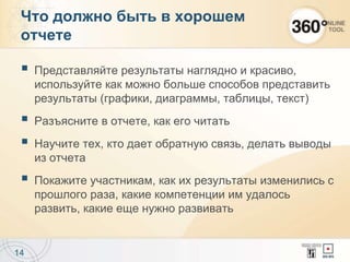  Представляйте результаты наглядно и красиво,
используйте как можно больше способов представить
результаты (графики, диаграммы, таблицы, текст)
 Разъясните в отчете, как его читать
 Научите тех, кто дает обратную связь, делать выводы
из отчета
 Покажите участникам, как их результаты изменились с
прошлого раза, какие компетенции им удалось
развить, какие еще нужно развивать
14
Что должно быть в хорошем
отчете
 