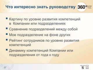  Картину по уровню развития компетенций
в Компании или подразделениях
 Сравнение подразделений между собой
 Мое подразделение на фоне других
 Рейтинг сотрудников по уровню развития
компетенций
 Динамику компетенций Компании или
подразделения от года к году
37
Что интересно знать руководству
 