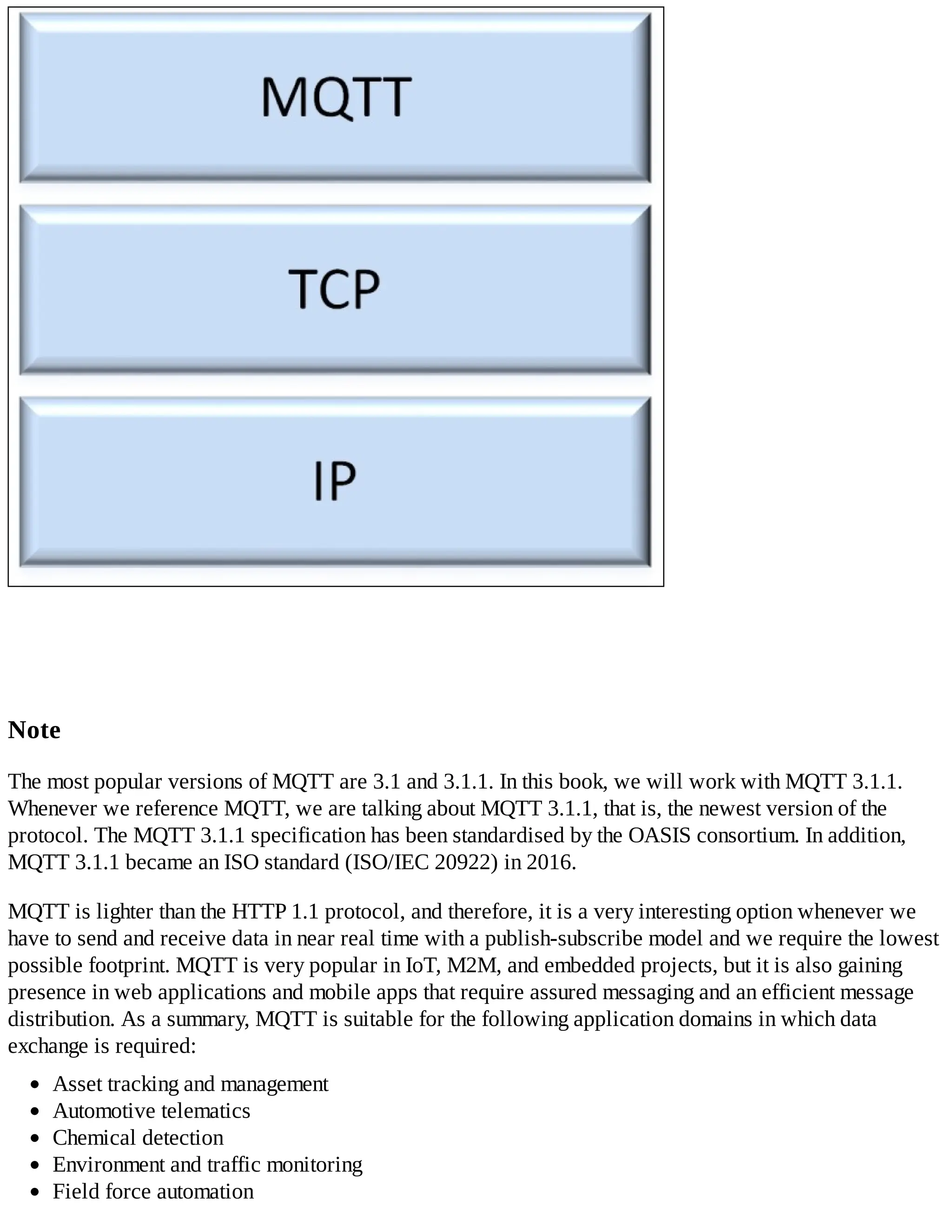 Note
The most popular versions of MQTT are 3.1 and 3.1.1. In this book, we will work with MQTT 3.1.1.
Whenever we reference MQTT, we are talking about MQTT 3.1.1, that is, the newest version of the
protocol. The MQTT 3.1.1 specification has been standardised by the OASIS consortium. In addition,
MQTT 3.1.1 became an ISO standard (ISO/IEC 20922) in 2016.
MQTT is lighter than the HTTP 1.1 protocol, and therefore, it is a very interesting option whenever we
have to send and receive data in near real time with a publish-subscribe model and we require the lowest
possible footprint. MQTT is very popular in IoT, M2M, and embedded projects, but it is also gaining
presence in web applications and mobile apps that require assured messaging and an efficient message
distribution. As a summary, MQTT is suitable for the following application domains in which data
exchange is required:
Asset tracking and management
Automotive telematics
Chemical detection
Environment and traffic monitoring
Field force automation
 