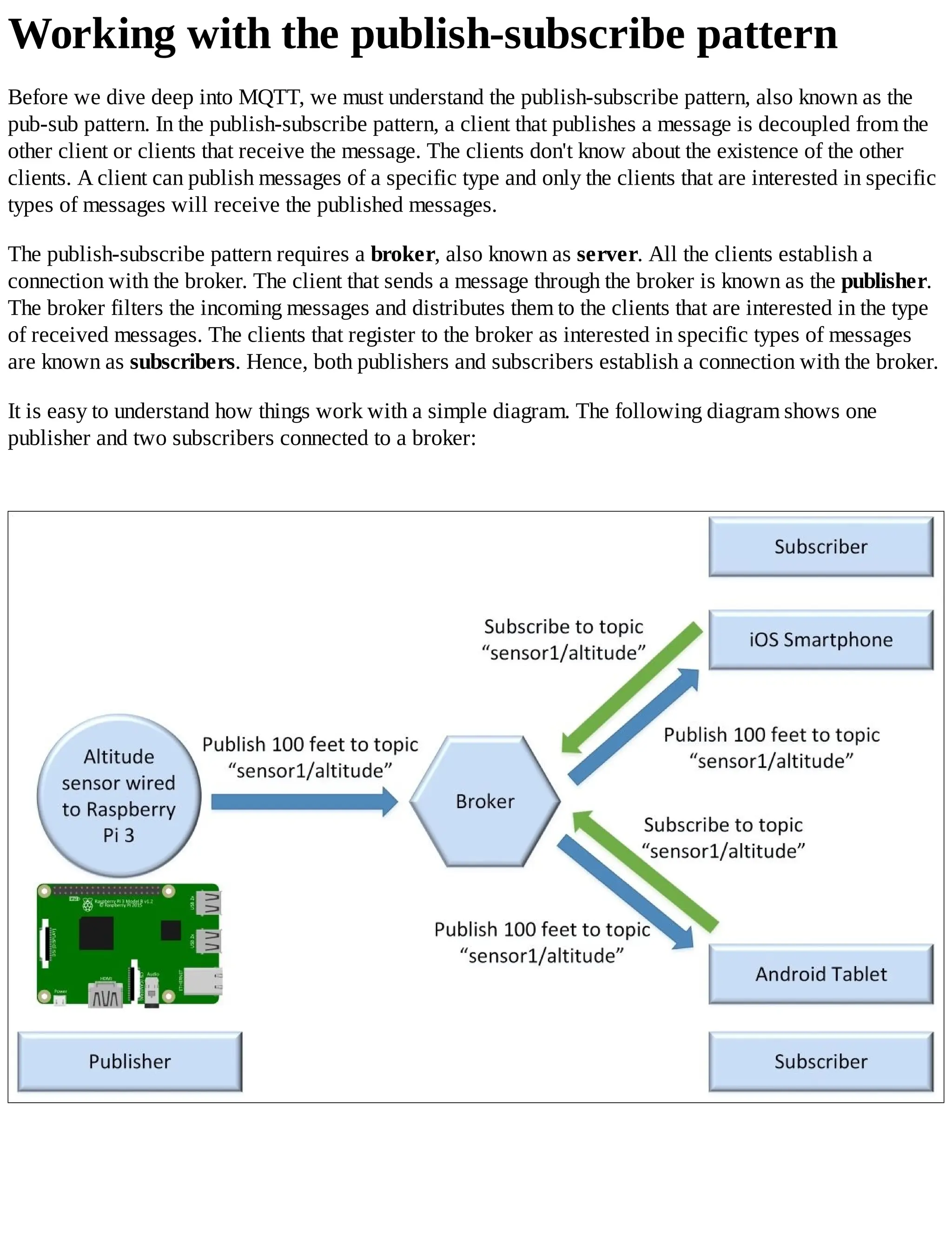 Working with the publish-subscribe pattern
Before we dive deep into MQTT, we must understand the publish-subscribe pattern, also known as the
pub-sub pattern. In the publish-subscribe pattern, a client that publishes a message is decoupled from the
other client or clients that receive the message. The clients don't know about the existence of the other
clients. A client can publish messages of a specific type and only the clients that are interested in specific
types of messages will receive the published messages.
The publish-subscribe pattern requires a broker, also known as server. All the clients establish a
connection with the broker. The client that sends a message through the broker is known as the publisher.
The broker filters the incoming messages and distributes them to the clients that are interested in the type
of received messages. The clients that register to the broker as interested in specific types of messages
are known as subscribers. Hence, both publishers and subscribers establish a connection with the broker.
It is easy to understand how things work with a simple diagram. The following diagram shows one
publisher and two subscribers connected to a broker:
 