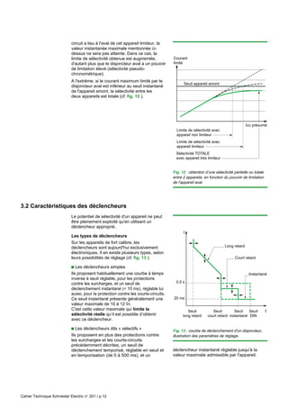 Cahier Technique Schneider Electric n° 201 / p.12
Seuil
long retard
Seuil
court retard
Seuil
DIN
0,5 s
20 ms
Long retard
Court retard
Instantané
Seuil
instantané
I
t
Fig. 13 : courbe de déclenchement d'un disjoncteur,
illustration des paramètres de réglage.
circuit a lieu à l'aval de cet appareil limiteur, la
valeur instantanée maximale mentionnée ci-
dessus ne sera pas atteinte. Dans ce cas, la
limite de sélectivité obtenue est augmentée,
d'autant plus que le disjoncteur aval a un pouvoir
de limitation élevé (sélectivité pseudo-
chronométrique).
A l'extrême, si le courant maximum limité par le
disjoncteur aval est inférieur au seuil instantané
de l'appareil amont, la sélectivité entre les
deux appareils est totale (cf. fig. 12 ).
3.2 Caractéristiques des déclencheurs
Fig. 12 : obtention d’une sélectivité partielle ou totale
entre 2 appareils, en fonction du pouvoir de limitation
de l'appareil aval.
Le potentiel de sélectivité d'un appareil ne peut
être pleinement exploité qu'en utilisant un
déclencheur approprié.
Les types de déclencheurs
Sur les appareils de fort calibre, les
déclencheurs sont aujourd'hui exclusivement
électroniques. Il en existe plusieurs types, selon
leurs possibilités de réglage (cf. fig. 13 ).
c Les déclencheurs simples
Ils proposent habituellement une courbe à temps
inverse à seuil réglable, pour les protections
contre les surcharges, et un seuil de
déclenchement instantané (< 10 ms), réglable lui
aussi, pour la protection contre les courts-circuits.
Ce seuil instantané présente généralement une
valeur maximale de 10 à 12 In.
C'est cette valeur maximale qui limite la
sélectivité réelle qu’il est possible d’obtenir
avec ce déclencheur.
c Les déclencheurs dits « sélectifs »
Ils proposent en plus des protections contre
les surcharges et les courts-circuits
précédemment décrites, un seuil de
déclenchement temporisé, réglable en seuil et
en temporisation (de 0 à 500 ms), et un
déclencheur instantané réglable jusqu'à la
valeur maximale admissible par l'appareil.
Courant
limité
Seuil appareil amont
Limite de sélectivité avec
appareil non limiteur
Limite de sélectivité avec
appareil limiteur
Sélectivité TOTALE
avec appareil très limiteur
Icc présumé
 