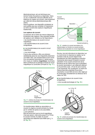 Cahier Technique Schneider Electric n° 201 / p.15
support
plastique
us = k dip / dt
ip
électrodynamique, est une technique pour
donner l'ordre d'ouverture au disjoncteur. Dans
ce cas, la sélectivité n'est plus affectée par la
tolérance du capteur de courant, mais seulement
par celle de la tenue électrodynamique elle-
même.
Dans la pratique, ces dispositifs complexes ne
sont justifiés que pour remédier à l’imprécision
sur forts courants des capteurs magnétiques
traditionnels.
Les capteurs de courant
La précision de la chaîne de mesure dépend de
la précision des capteurs. Deux grandes familles
de capteurs sont utilisées sur les disjoncteurs :
v les transformateurs de courant à circuit
magnétique,
v les transformateurs de courant à tore
amagnétique.
c Les transformateurs de courant à circuit
magnétique
v Leur technologie
C’est la plus ancienne, offre une précision
satisfaisante dans les cas d'appareils présentant
une faible TED. Ces transformateurs sont munis
d'un enroulement secondaire à n spires autour
d'un noyau en matériau magnétique, le primaire
étant constitué par le passage à travers le circuit
magnétique du conducteur principal (cf. fig. 17 ).
De plus, lors de la fermeture du disjoncteur sur
un court-circuit, la réponse du capteur sur la
première onde de courant dépend très
sensiblement de l'état magnétique (induction
rémanente) dans lequel l'a laissé le courant
précédent. Si le courant primaire lors de la
fermeture est de même sens que le précédent,
le courant secondaire Is est nettement atténué
sur la première onde ; s'il est de sens inverse,
Is est augmenté. Par conséquent, la chaîne de
mesure peut être entachée d'une erreur
importante, le seuil DIN doit donc être réglé par
le constructeur sensiblement au-dessous de la
valeur de TED.
c Les transformateurs de courant à tore
amagnétique
v Une nouvelle technologie (cf. fig. 19 )
Is = Ip / n
Ip
n spires
Circuit
magnétique
Fig. 18 : variation du courant secondaire d'un
transformateur en fonction du courant primaire
(influence de la saturation du circuit magnétique).
Courant primaire Ip
Courant
secondaire Is
Tolérance sur Is
Saturation
Tolérance
sur Ip
Fig. 17 : schéma de principe d'un transformateur de
courant à circuit magnétique.
Ce transformateur débite au secondaire un
courant (Is) égal au courant primaire (Ip) divisé
par le nombre de spires (n) du secondaire.
v Leur précision
Elle est bonne tant que le circuit magnétique
n'est pas saturé, c'est-à-dire jusqu'à 5 à 10 fois
le courant nominal. Au-delà, le courant
secondaire est nettement plus faible que Ip / n
(cf. fig. 18 ) .
Fig. 19 : schéma de principe d'un transformateur de
courant à tore amagnétique.
 
