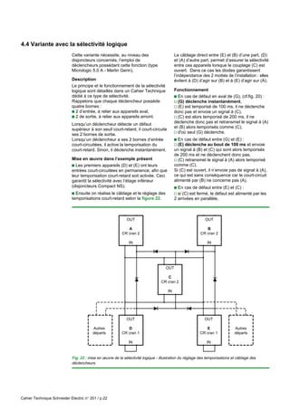 Cahier Technique Schneider Electric n° 201 / p.22
Le câblage direct entre (E) et (B) d’une part, (D)
et (A) d’autre part, permet d’assurer la sélectivité
entre ces appareils lorsque le couplage (C) est
ouvert. Dans ce cas les diodes garantissent
l’indépendance des 2 moitiés de l’installation : elles
évitent à (D) d’agir sur (B) et à (E) d’agir sur (A).
Fonctionnement
c En cas de défaut en aval de (G), (cf.fig. 20) :
v (G) déclenche instantanément,
v (E) est temporisé de 100 ms, il ne déclenche
donc pas et envoie un signal à (C),
v (C) est alors temporisé de 200 ms, il ne
déclenche donc pas et retransmet le signal à (A)
et (B) alors temporisés comme (C),
v d'où seul (G) déclenche.
c En cas de défaut entre (G) et (E) :
v (E) déclenche au bout de 100 ms et envoie
un signal à (B) et (C) qui sont alors temporisés
de 200 ms et ne déclenchent donc pas,
v (C) retransmet le signal à (A) alors temporisé
comme (C).
Si (C) est ouvert, il n’envoie pas de signal à (A),
ce qui est sans conséquence car le court-circuit
alimenté par (B) ne concerne pas (A).
c En cas de défaut entre (E) et (C) :
v si (C) est fermé, le défaut est alimenté par les
2 arrivées en parallèle,
Fig. 22 : mise en œuvre de la sélectivité logique - illustration du réglage des temporisations et câblage des
déclencheurs.
4.4 Variante avec la sélectivité logique
Cette variante nécessite, au niveau des
disjoncteurs concernés, l’emploi de
déclencheurs possédant cette fonction (type
Micrologic 5.0 A - Merlin Gerin).
Description
Le principe et le fonctionnement de la sélectivité
logique sont détaillés dans un Cahier Technique
dédié à ce type de sélectivité.
Rappelons que chaque déclencheur possède
quatre bornes :
c 2 d’entrée, à relier aux appareils aval,
c 2 de sortie, à relier aux appareils amont.
Lorsqu’un déclencheur détecte un défaut
supérieur à son seuil court-retard, il court-circuite
ses 2 bornes de sortie.
Lorsqu’un déclencheur a ses 2 bornes d’entrée
court-circuitées, il active la temporisation du
court-retard. Sinon, il déclenche instantanément.
Mise en œuvre dans l’exemple présent
c Les premiers appareils (D) et (E) ont leurs
entrées court-circuitées en permanence, afin que
leur temporisation court-retard soit activée. Ceci
garantit la sélectivité avec l’étage inférieur
(disjoncteurs Compact NS).
c Ensuite on réalise le câblage et le réglage des
temporisations court-retard selon la figure 22.
OUT
A
CR cran 2
IN
OUT
C
CR cran 2
IN
OUT
B
CR cran 2
IN
OUT
D
CR cran 1
IN
OUT
E
CR cran 1
IN
Autres
départs
Autres
départs
 