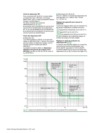 Cahier Technique Schneider Electric n° 201 / p.24
Courbe I2
t
tr = 12 s
Seuil court retard = 5 Ir
10000
1000
100
10
1
0,1
0,01
0,1 1 10 100
Td (s)
I/In
Icc BT maxi
54 kA
Icc MT maxi
Disjoncteur MT
Seuil haut 1400 A
ramené en BT
= 68 kA
Disjoncteur MT
Seuil bas 600 A
ramené en BT
= 29 kA
Choix du disjoncteur MT
Pour une tension MT de 20 kV, on peut utiliser
un disjoncteur type « MC-Set » de marque
Merlin Gerin, avec un relais de protection Sepam
de type « transformateur ».
Ce relais comporte deux seuils de
déclenchement (cf. fig. 24 ) :
c Le premier sert à la protection en cas de court-
circuit entre le transformateur et le disjoncteur
BT, ou en cas de défaillance de la protection BT.
c Le second sert à la protection en cas de court-
circuit à l’amont du transformateur.
Choix des disjoncteurs BT
c Disjoncteur (E)
L’Icc étant supérieur à 100 kA, on ne peut pas
utiliser un NW 25H2 (PdC = 100 kA). On ne peut
pas plus utiliser un disjoncteur limiteur, dont le
courant nominal n’excède pas 2000 A
(NW 20L1).
La solution consiste à utiliser un disjoncteur
sélectif à haut pouvoir de coupure, tel le
NW 25H3, qui offre un PdC de 150 kA, avec un
Icw de 65 kA/3 s.
c Disjoncteurs (A), (B) et (C)
Pour In = 3520 A, on choisit des disjoncteurs de
type NW 40H1 (In = 4000 A, PdC = 65 kA,
Icw = 65 kA/1 s).
Réglage des appareils pour assurer la
sélectivité
A partir des réglages définis dans le s/chapitre 4.3,
les seules modifications à réaliser sont pour :
1’ l’appareil (E) à temporiser sur le cran 0,1 s,
2’ l’appareil (C) sur le cran 0,2 s,
3 3’ les appareils (A) et (B) sur le cran 0,3 s.
En cas d’utilisation de la sélectivité logique, le
schéma de la figure 22 reste valable.
Réglage du relais de protection du
disjoncteur MT 4 4’
Le premier seuil doit être inférieur au courant de
court-circuit en aval du transformateur, soit
54 kA côté BT, équivalent à 1100 A côté MT.
Il doit être sélectif avec le seuil court-retard des
disjoncteurs (A) ou (B). Si celui-ci est réglé à 5 Ir,
Fig. 24 : analyse de la sélectivité entre les disjoncteurs BT et la protection MT du transformateur.
 